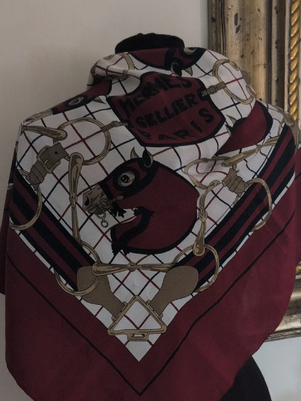 Hermes Paris Red, White and Gold Equestrian Design Scarf 29x31